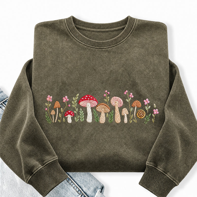 Embroidered Enchanted Mushroom Washed Crewneck Sweatshirt