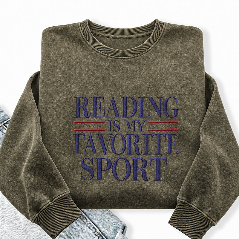 Embroidered Reading Is My Favorite Sport Washed Crewneck Sweatshirt