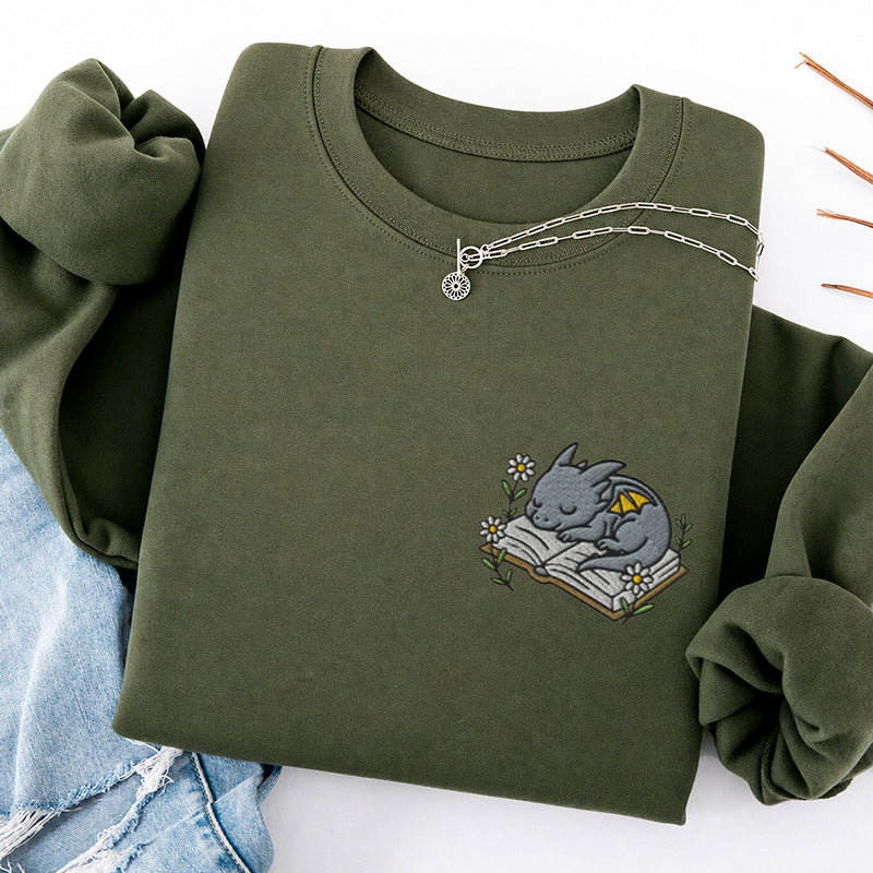 Embroidered Sleeping Dragon Book Classic Crewneck Sweatshirt