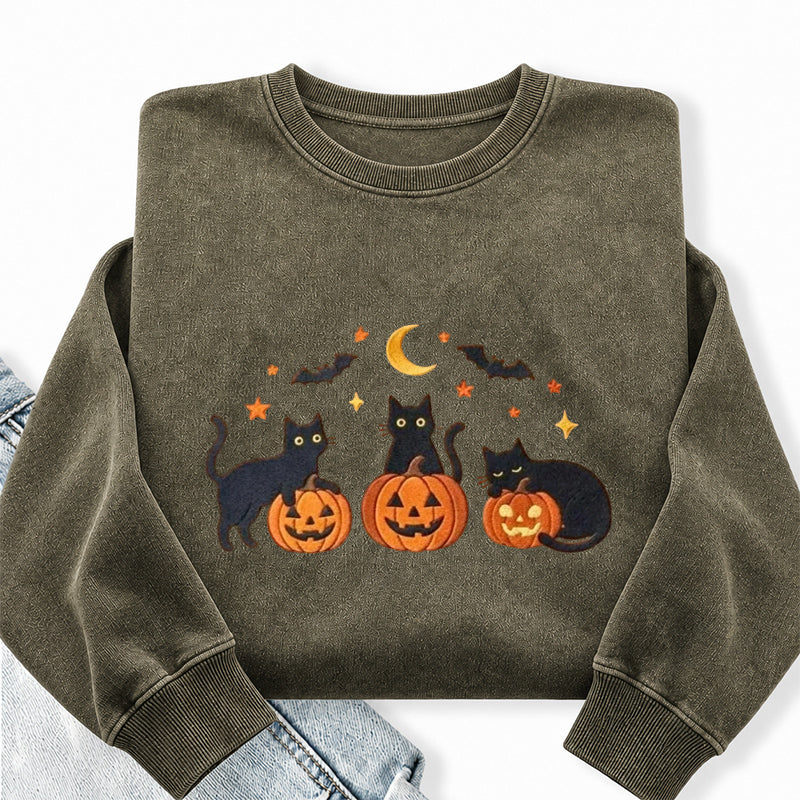 Embroidered Black Cat Pumpkins Washed Crewneck Sweatshirt