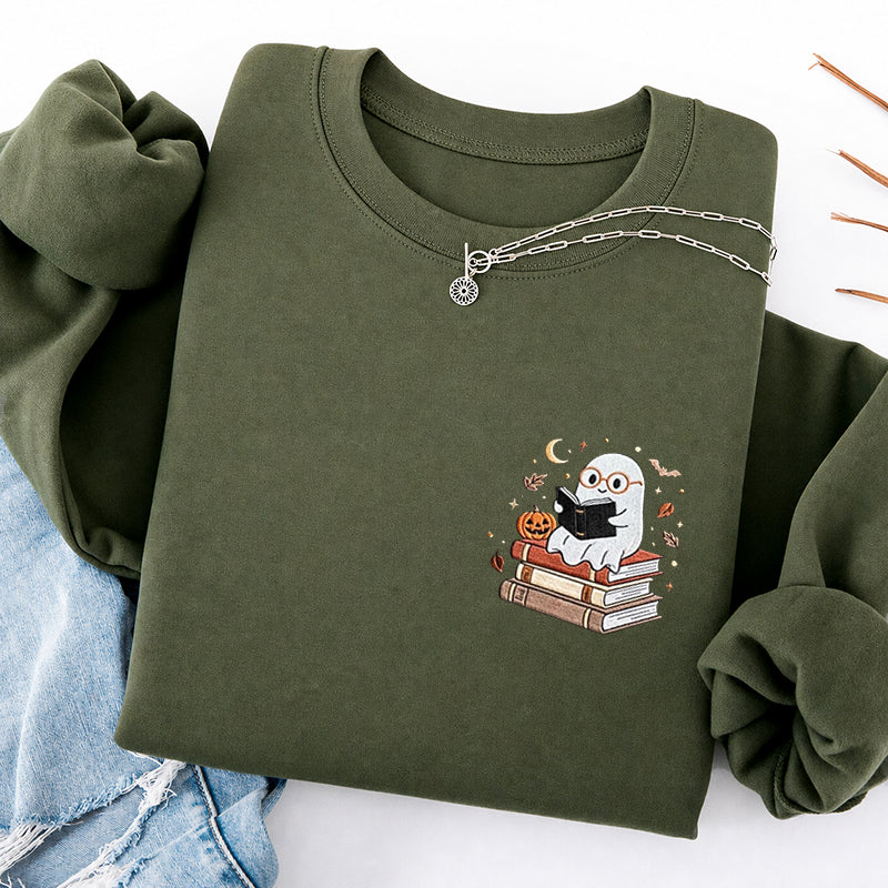 Embroidered Ghost Reading Books Classic Crewneck Sweatshirt