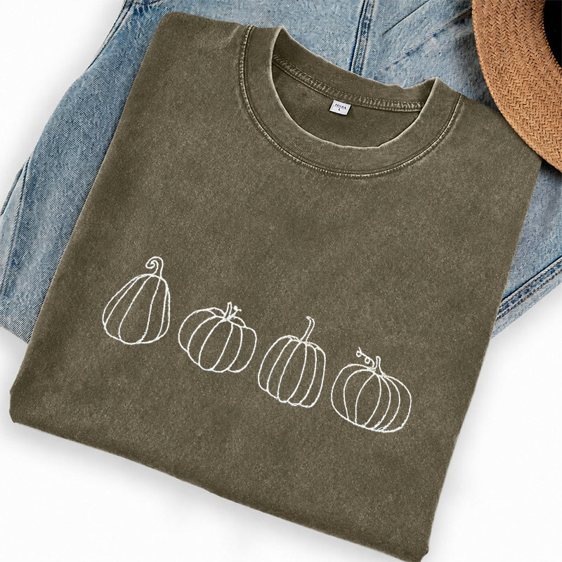 Embroidered Pumpkins Washed Crew Neck T-Shirt