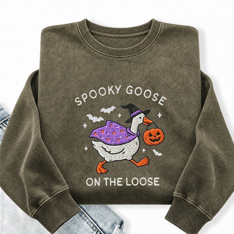 Embroidered Spooky Goose Washed Crewneck Sweatshirt