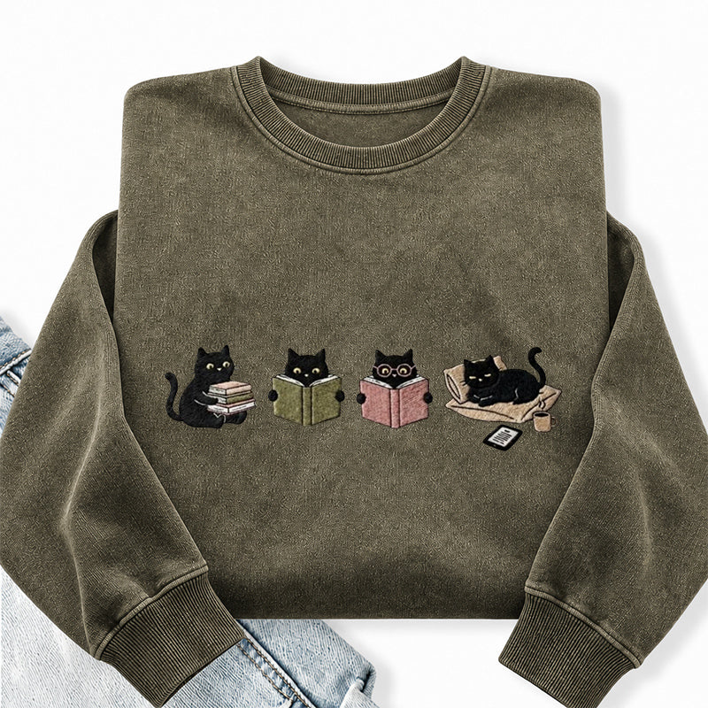 Embroidered Black Cat Reading Washed Crewneck Sweatshirt