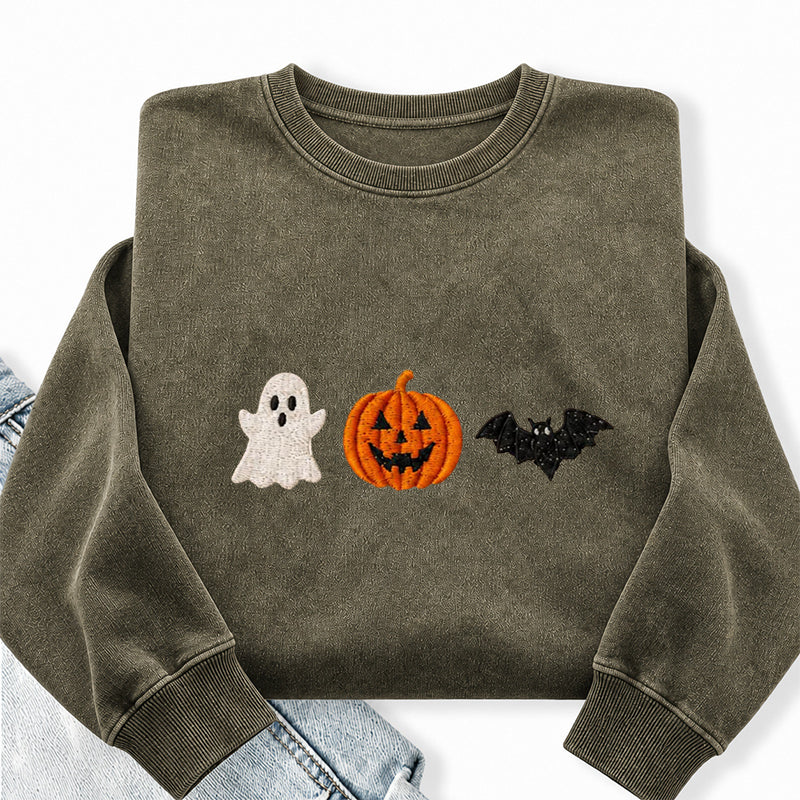 Embroidered Holloween Ghost Pumpkin Bat Washed Crewneck Sweatshirt