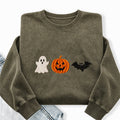 Embroidered Holloween Ghost Pumpkin Bat Washed Crewneck Sweatshirt