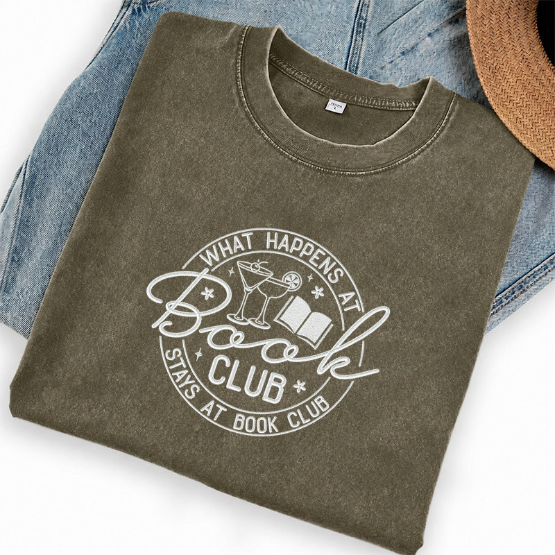 Embroidered Funny Book Club Washed Crew Neck T-Shirt