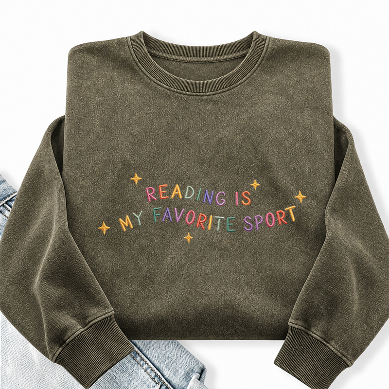 Embroidered Reading Is My Favorite Sport Washed Crewneck Sweatshirt