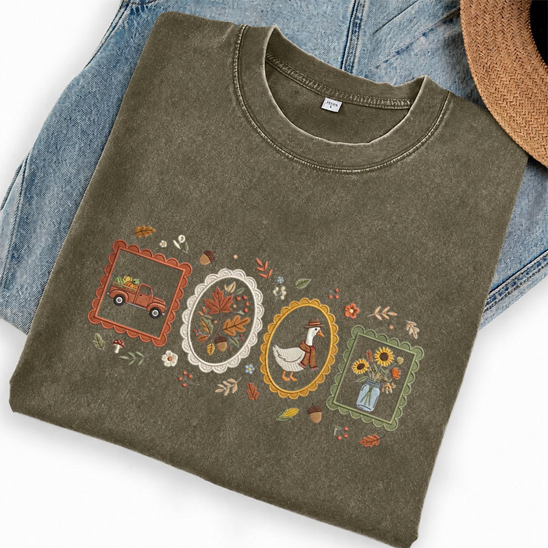 Embroidered Autumn Postcards Washed Crew Neck T-Shirt