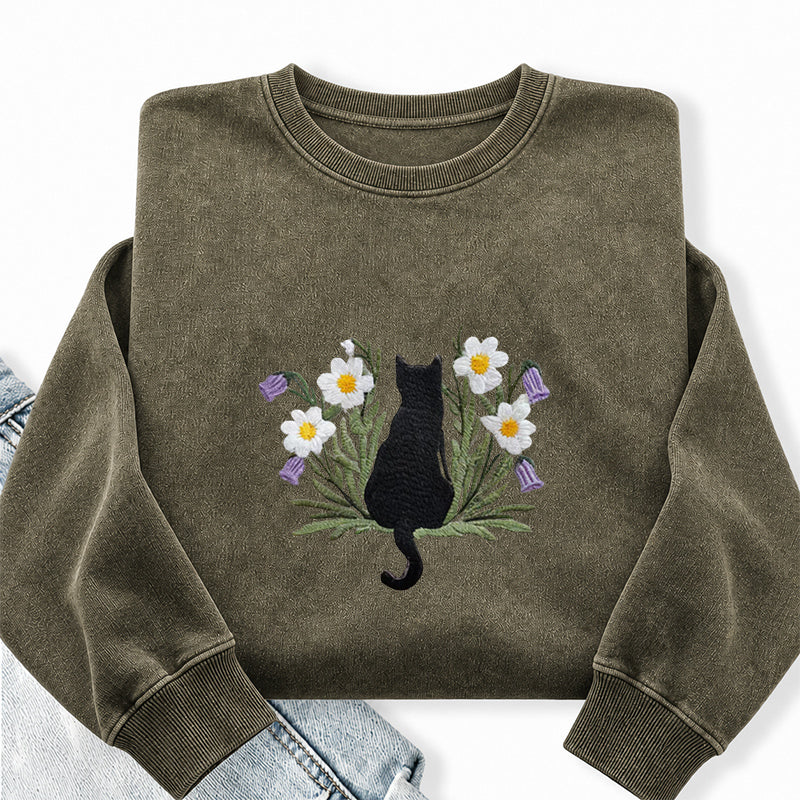 Embroidered Black Cat Flower Washed Crewneck Sweatshirt