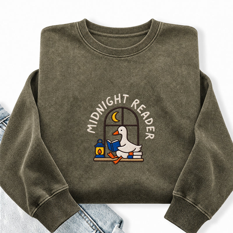 Embroidered Midnight Reader Goose Washed Crewneck Sweatshirt