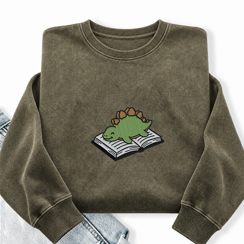 Embroidered Dinosaur Reading Books Washed Crewneck Sweatshirt