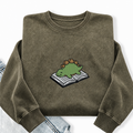 Embroidered Dinosaur Reading Books Washed Crewneck Sweatshirt