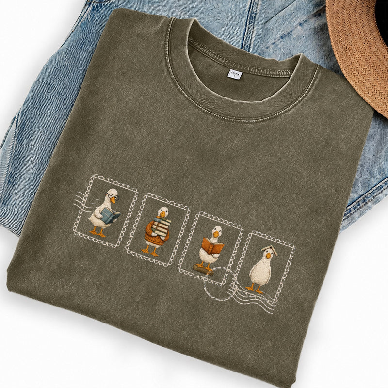 Embroidered Silly Goose Reading Washed Crew Neck T-Shirt