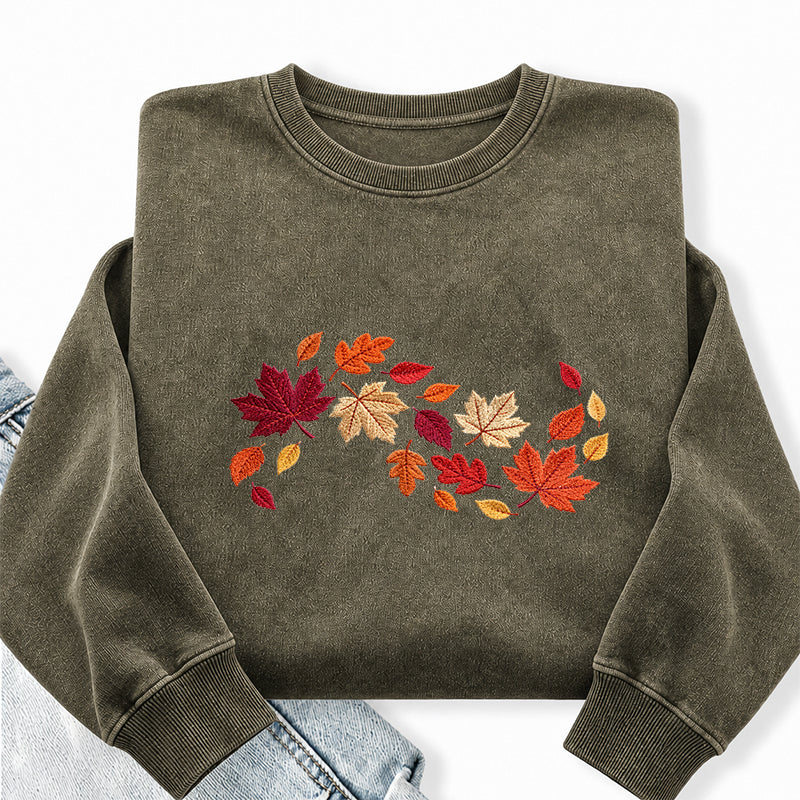 Embroidered Autumn Leaves Washed Crewneck Sweatshirt