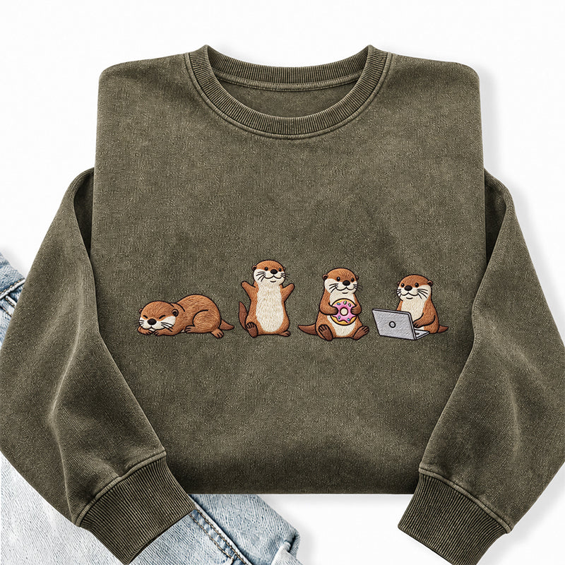 Embroidered Sea Otters Washed Crewneck Sweatshirt