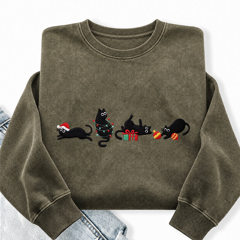 Embroidered Black Cat Christmas Washed Crewneck Sweatshirt