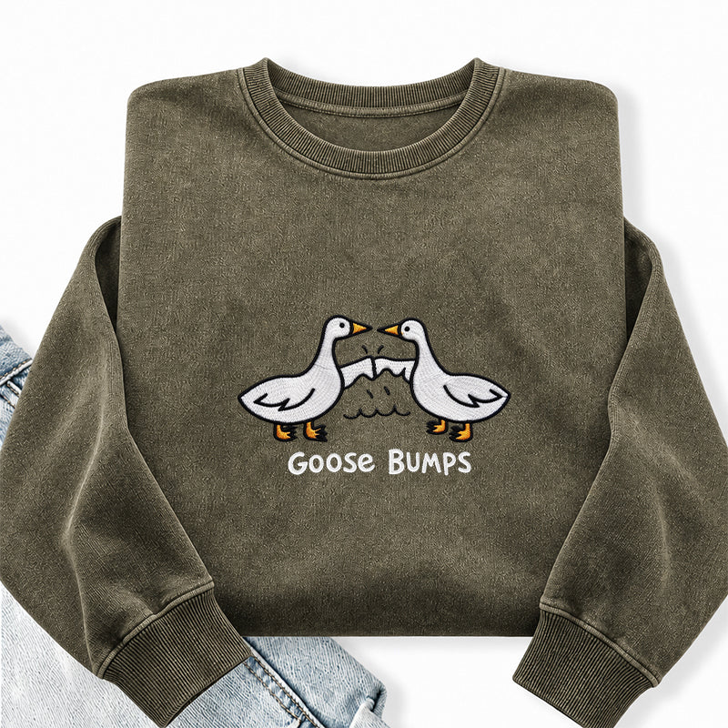 Embroidered Funny Goose Bumps Washed Crewneck Sweatshirt