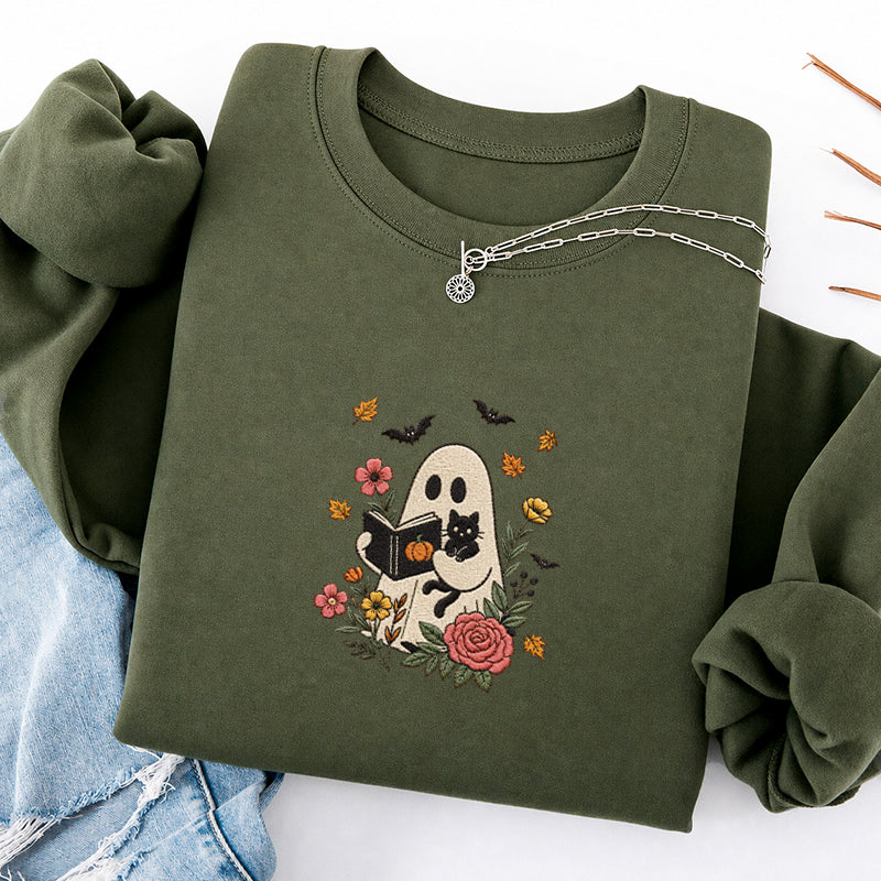 Embroidered Floral Ghost Reading Classic Crewneck Sweatshirt
