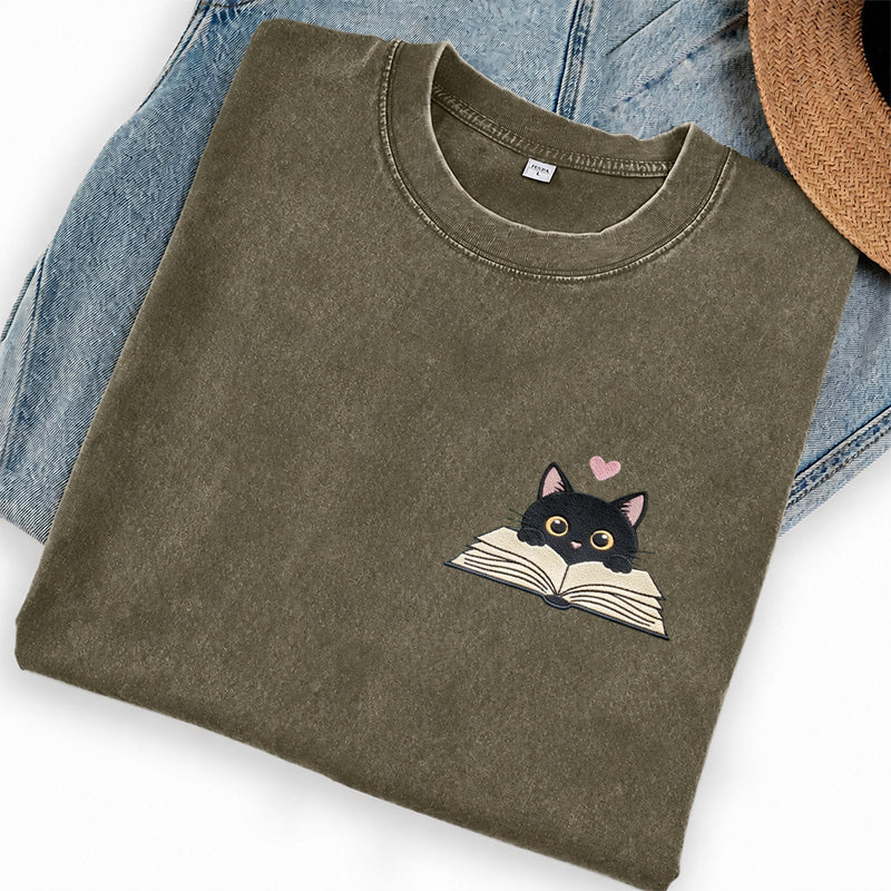 Embroidered Reading Black Cat Washed Crew Neck T-Shirt