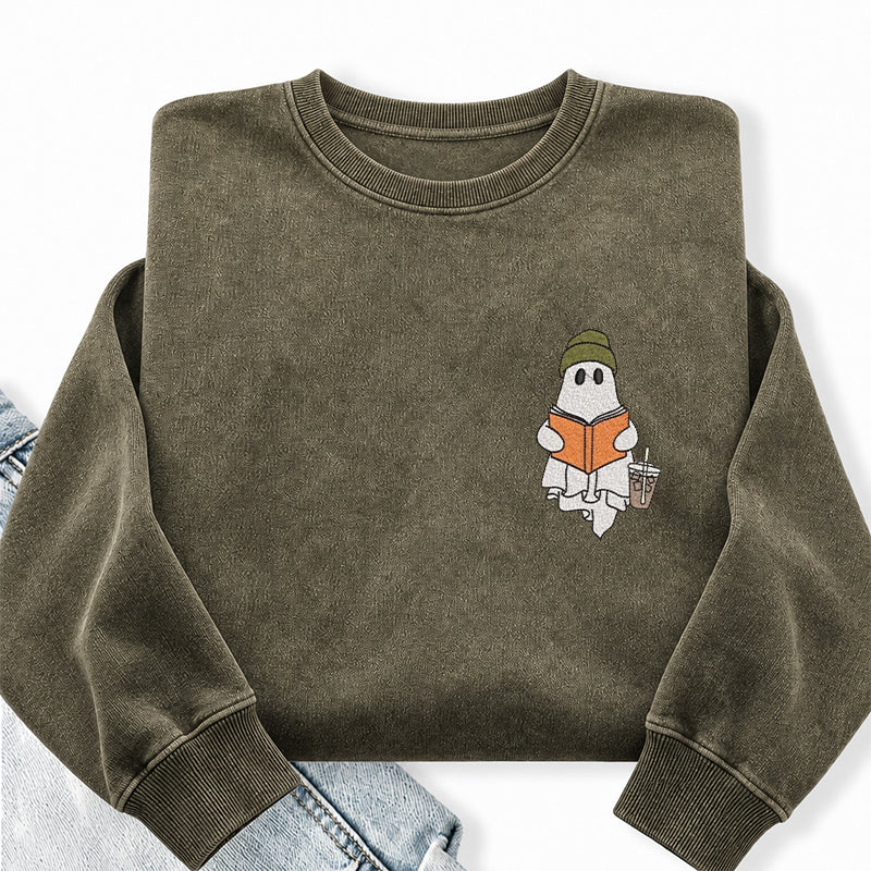 Embroidered Cute Ghost Reading Washed Crewneck Sweatshirt