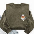 Embroidered Cute Ghost Reading Washed Crewneck Sweatshirt