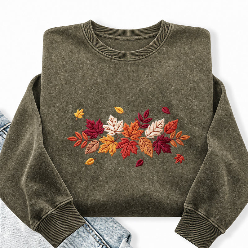 Embroidered Cozy Autumn Leaves Washed Crewneck Sweatshirt