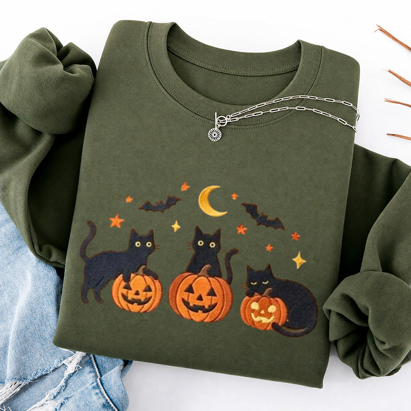 Embroidered Black Cats and Pumpkin Halloween Classic Crewneck Sweatshirts