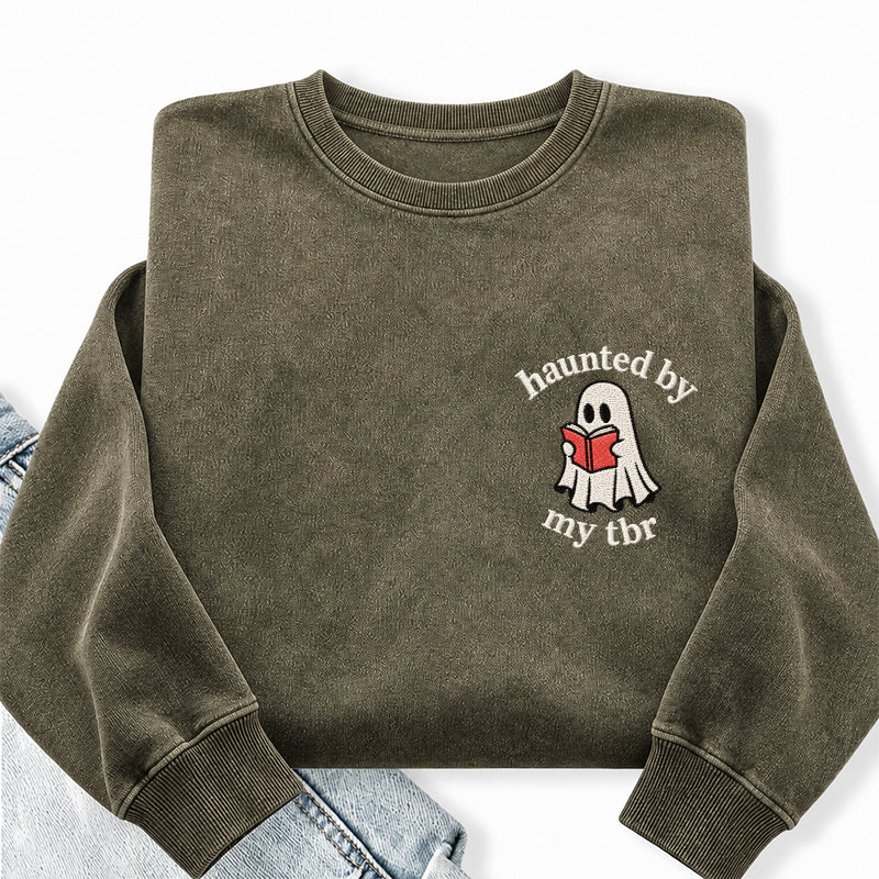 Embroidered Haunted By My TBR Washed Crewneck Sweatshirt