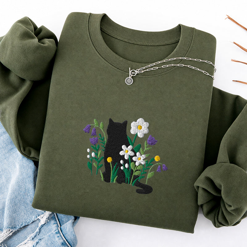 Embroidered Cottagecore Cat Classic Crewneck Sweatshirt