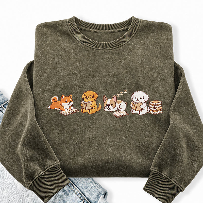 Embroidered Reading Dogs Washed Crewneck Sweatshirt