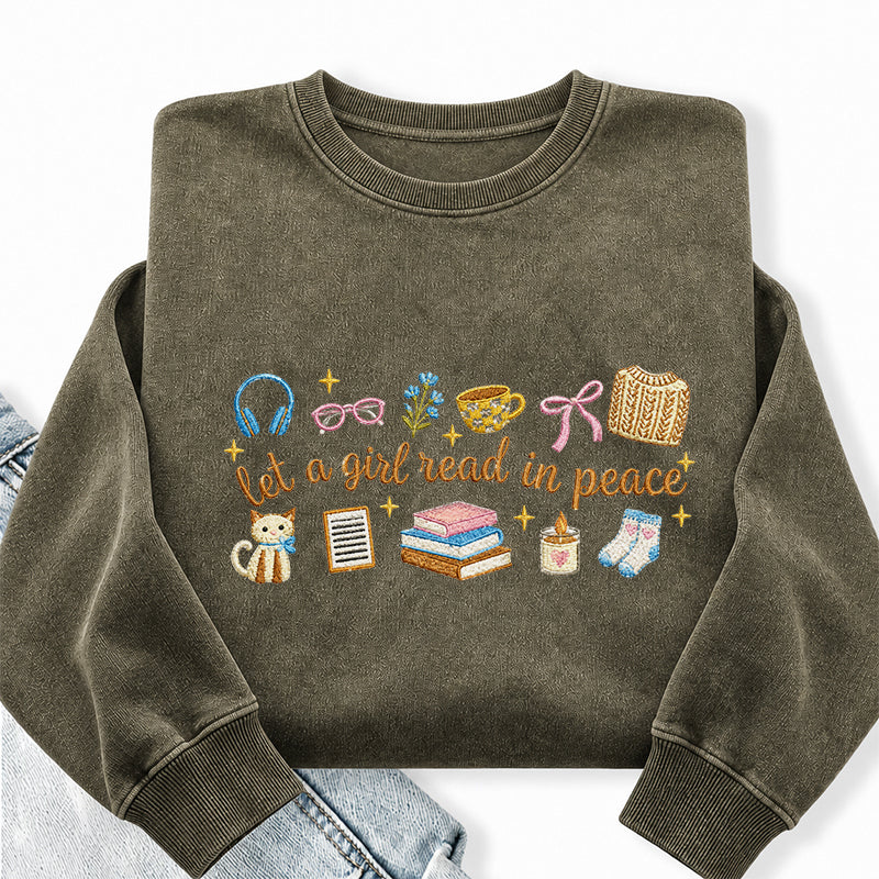 Embroidered Let A Girl Read In Peace Washed Crewneck Sweatshirt