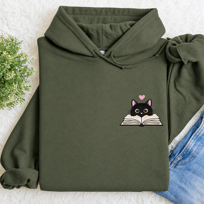 Embroidered Reading Black Cat Classic Adult Unisex Hoodie