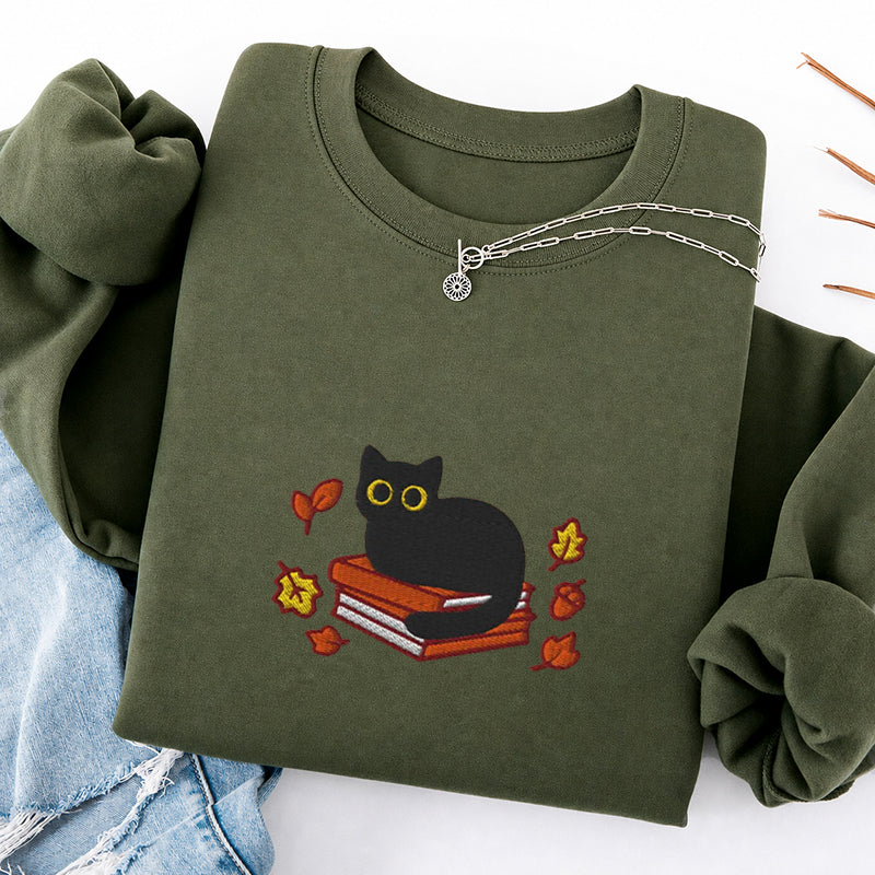 Embroidered Autumn Black Cat Book Classic Crewneck Sweatshirt