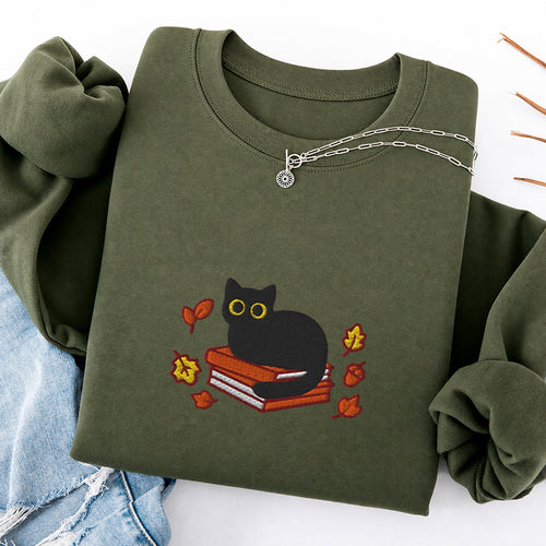 Embroidered Autumn Black Cat Book Classic Crewneck Sweatshirt