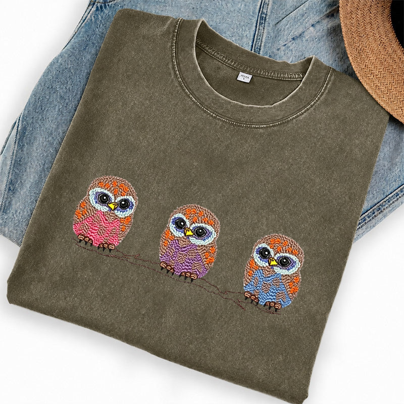 Embroidered Cute Owl Washed Crew Neck T-Shirt