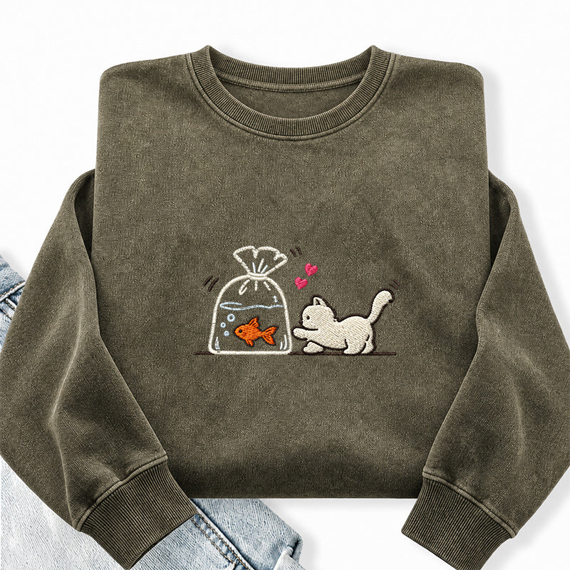 Embroidered Cute Cat Goldfish Washed Crewneck Sweatshirt