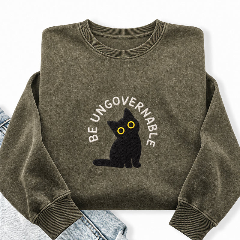 Embroidered Be Ungovernable Black Cat Washed Crewneck Sweatshirt