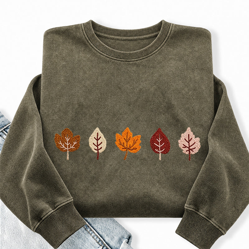 Embroidered Fall Leaves Washed Crewneck Sweatshirt