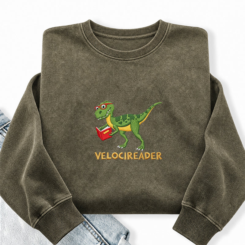 Embroidered Velocireader Dinosaur Reading Washed Crewneck Sweatshirt