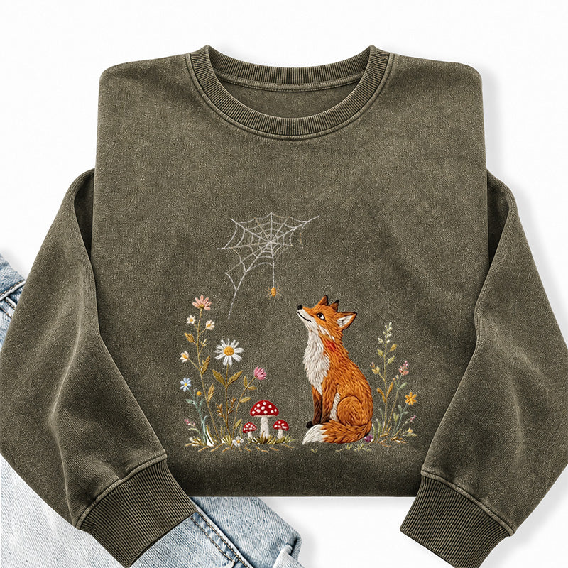 Embroidered Fox Cottagecore Washed Crewneck Sweatshirt
