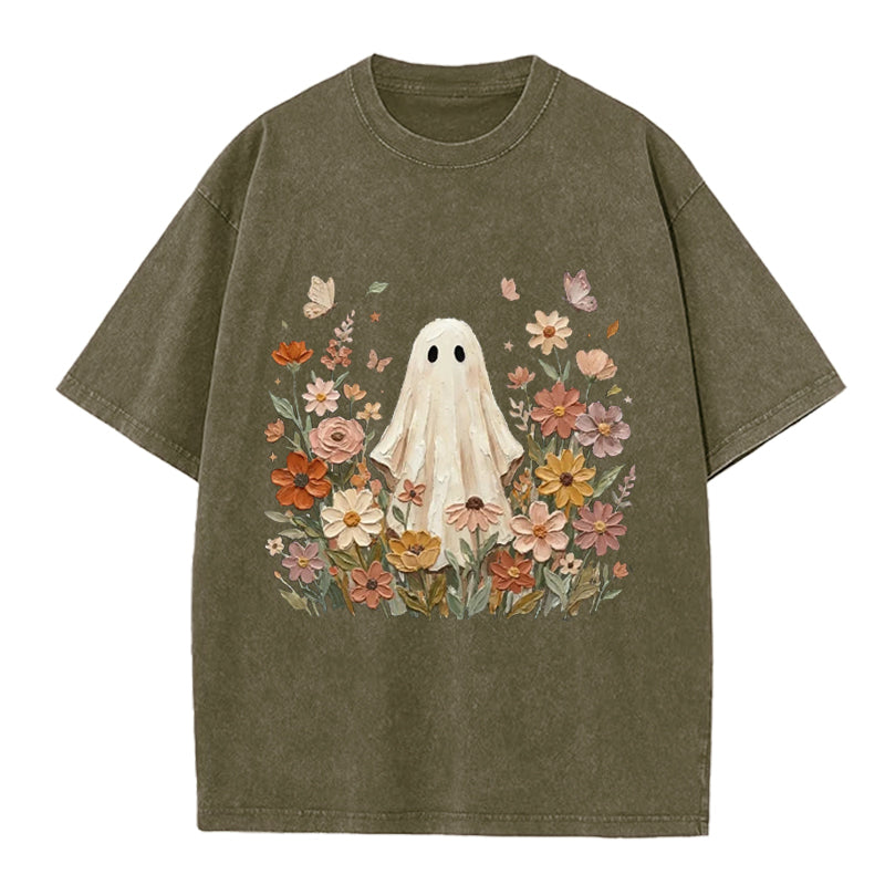 Vintage Ghost With Flowers Washed Crew Neck T-Shirt