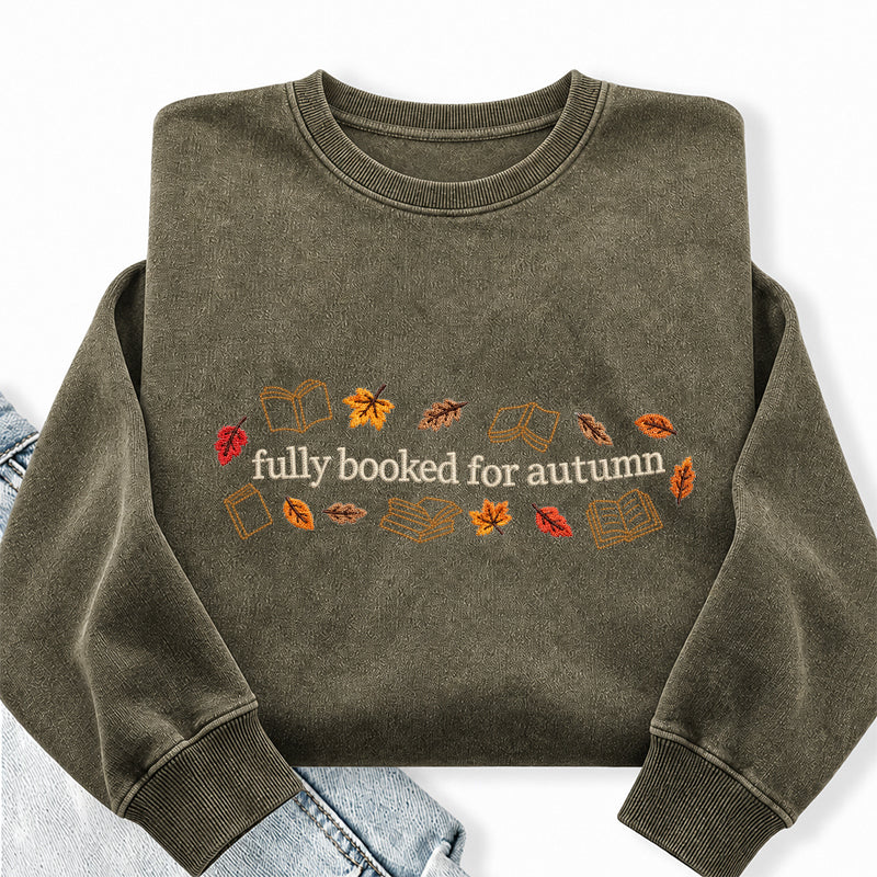 Embroidered Fully Booked For Autumn Washed Crewneck Sweatshirt