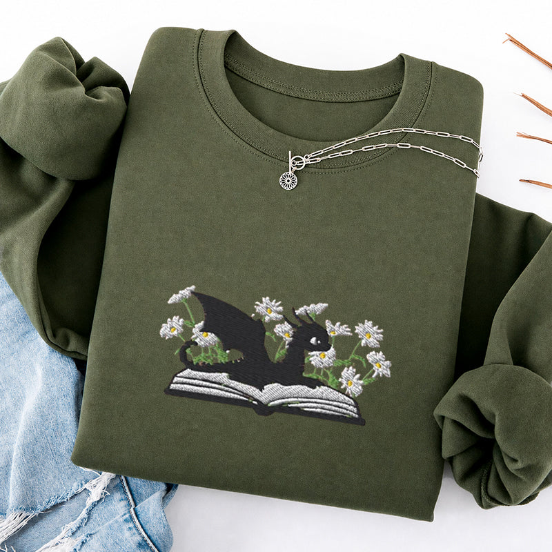 Embroidered Floral Dragon Book Classic Crewneck Sweatshirt