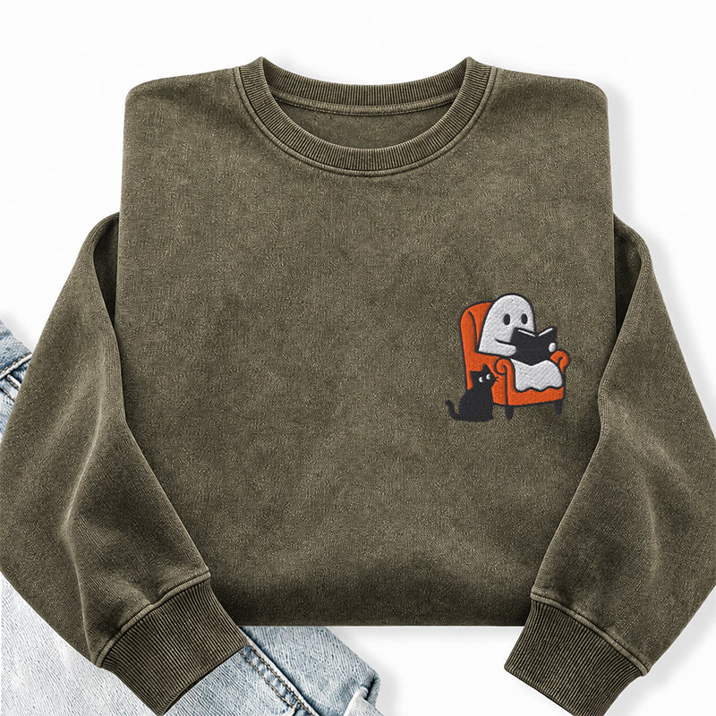 Embroidered Ghost Reading On Sofa Washed Crewneck Sweatshirt