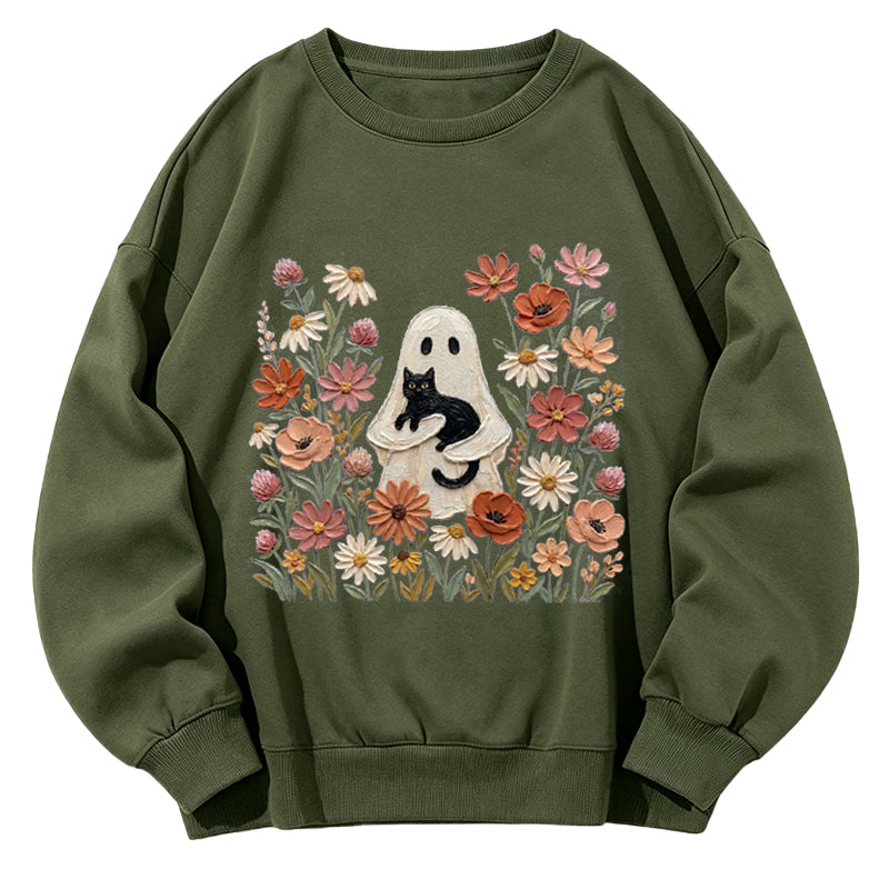 Ghost with Black Cat Floral Classic Adult Unisex Crewneck Sweatshirts