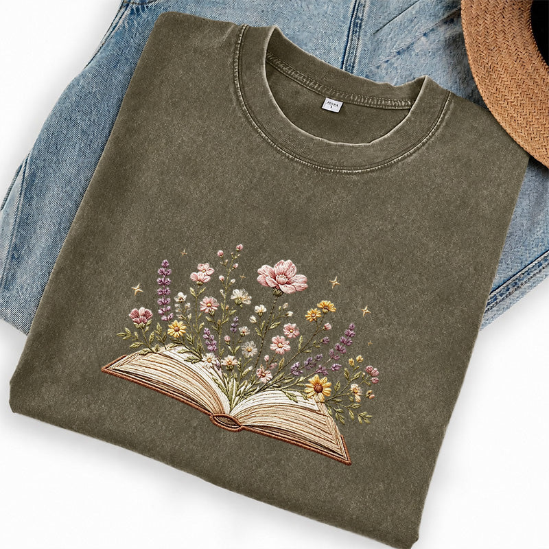 Embroidered Floral Book Washed Crew Neck T-Shirt