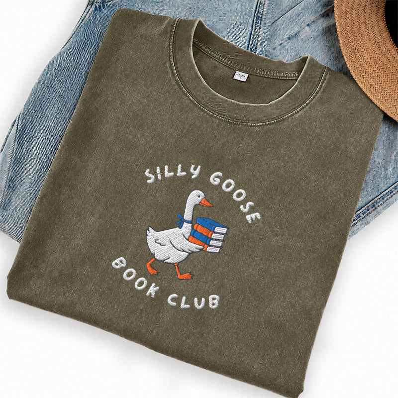 Embroidered Silly Goose Book Club Washed Crew Neck T-Shirt