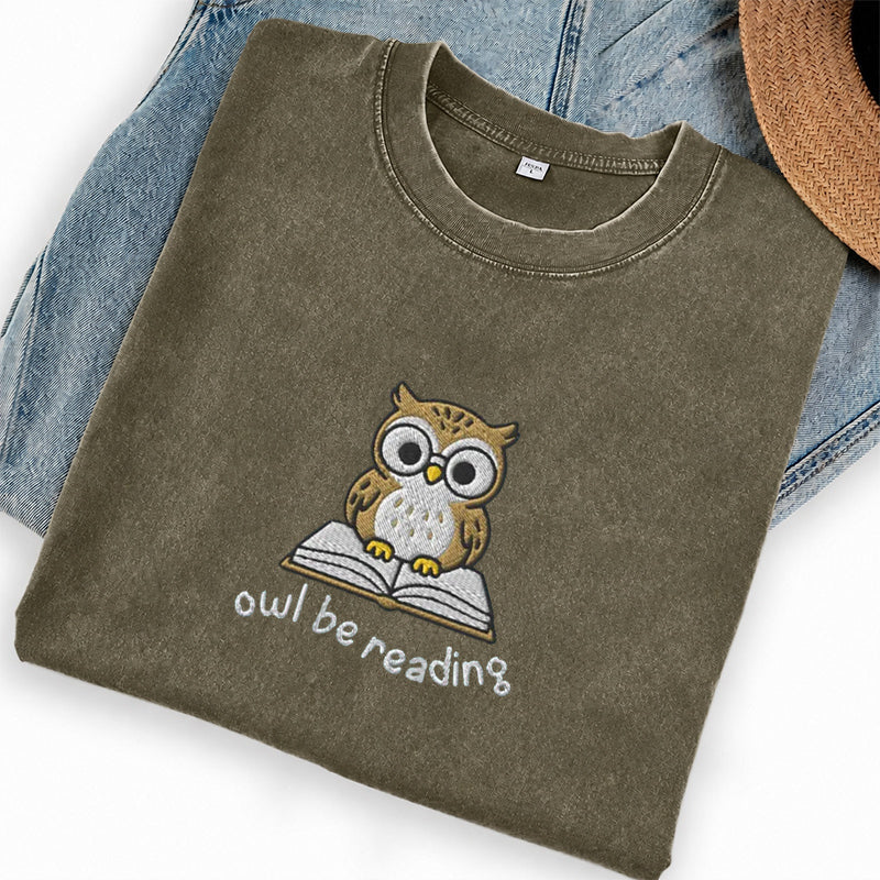 Embroidered Owl Be Reading Washed Crew Neck T-Shirt