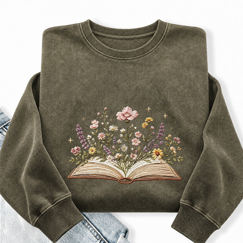 Embroidered Floral Book Washed Crewneck Sweatshirt